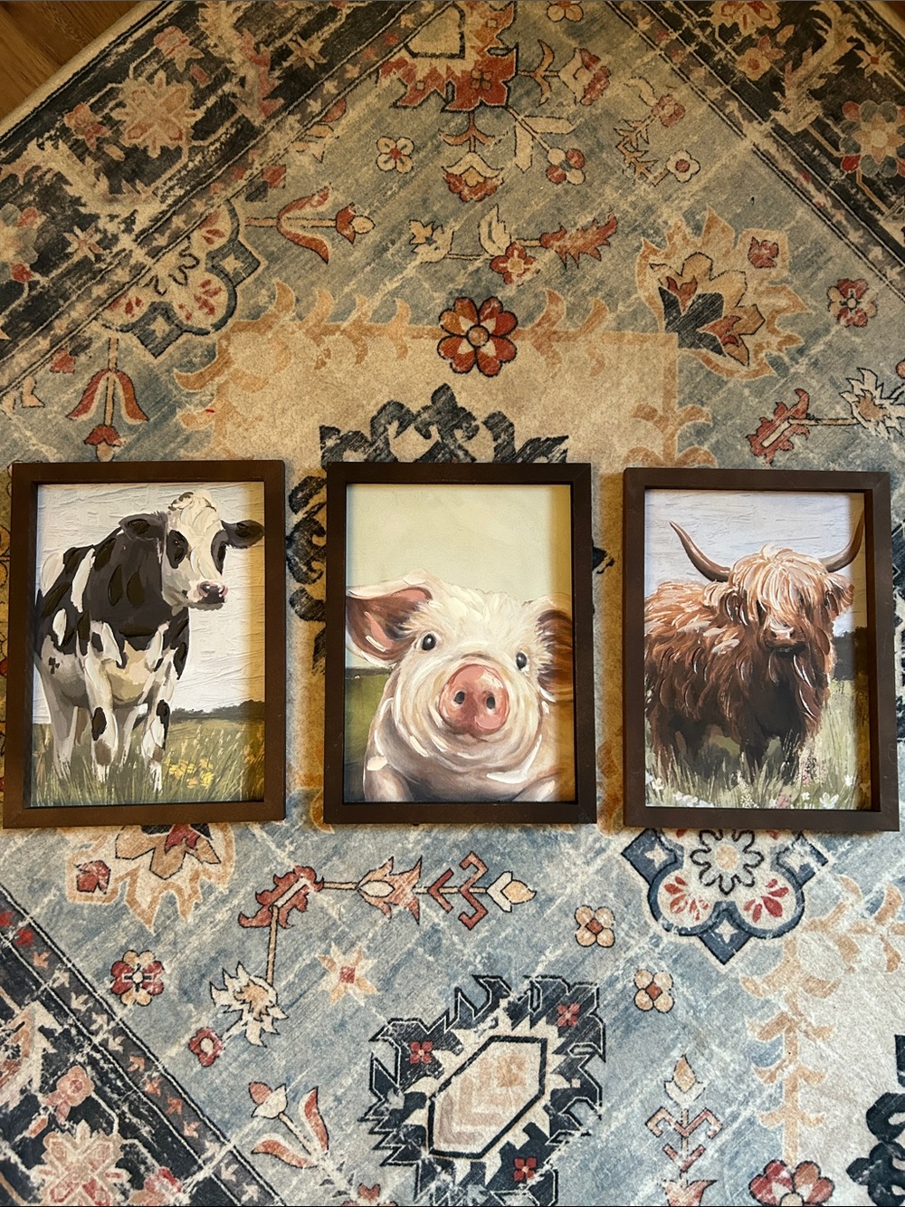 Farm Animal Framed Wall Art - Set of 3 (Cow, Pig, Highland) - Brown Frames
